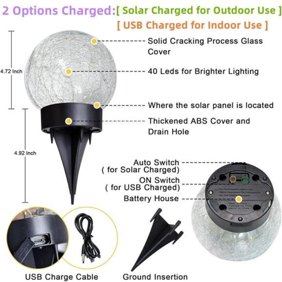 Solar Globe Lights Outdoor Large Garden Decor USB Charged 4.72" Diameter - Picture 5 of 7